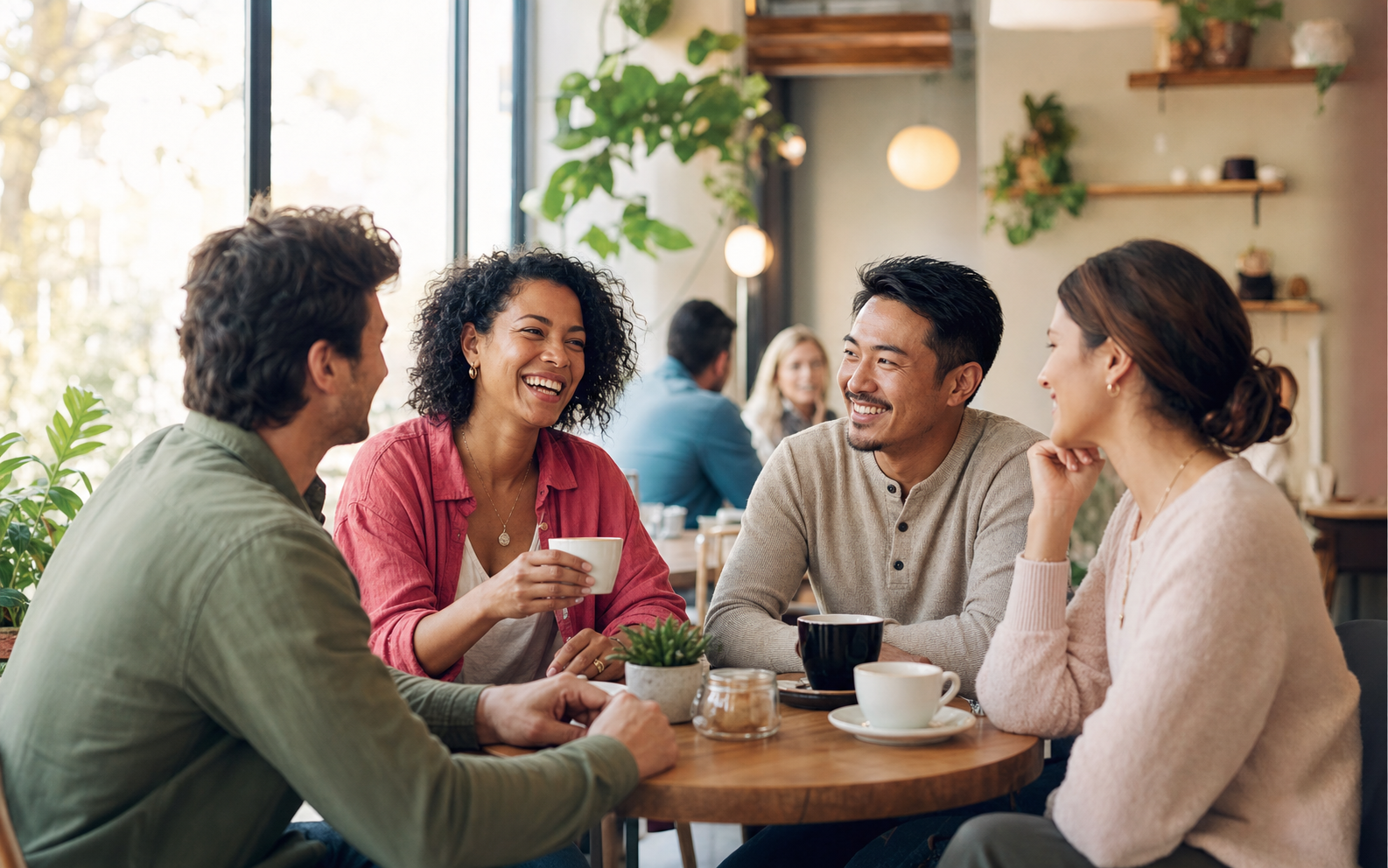 A small group chatting over coffee at a public meetup
